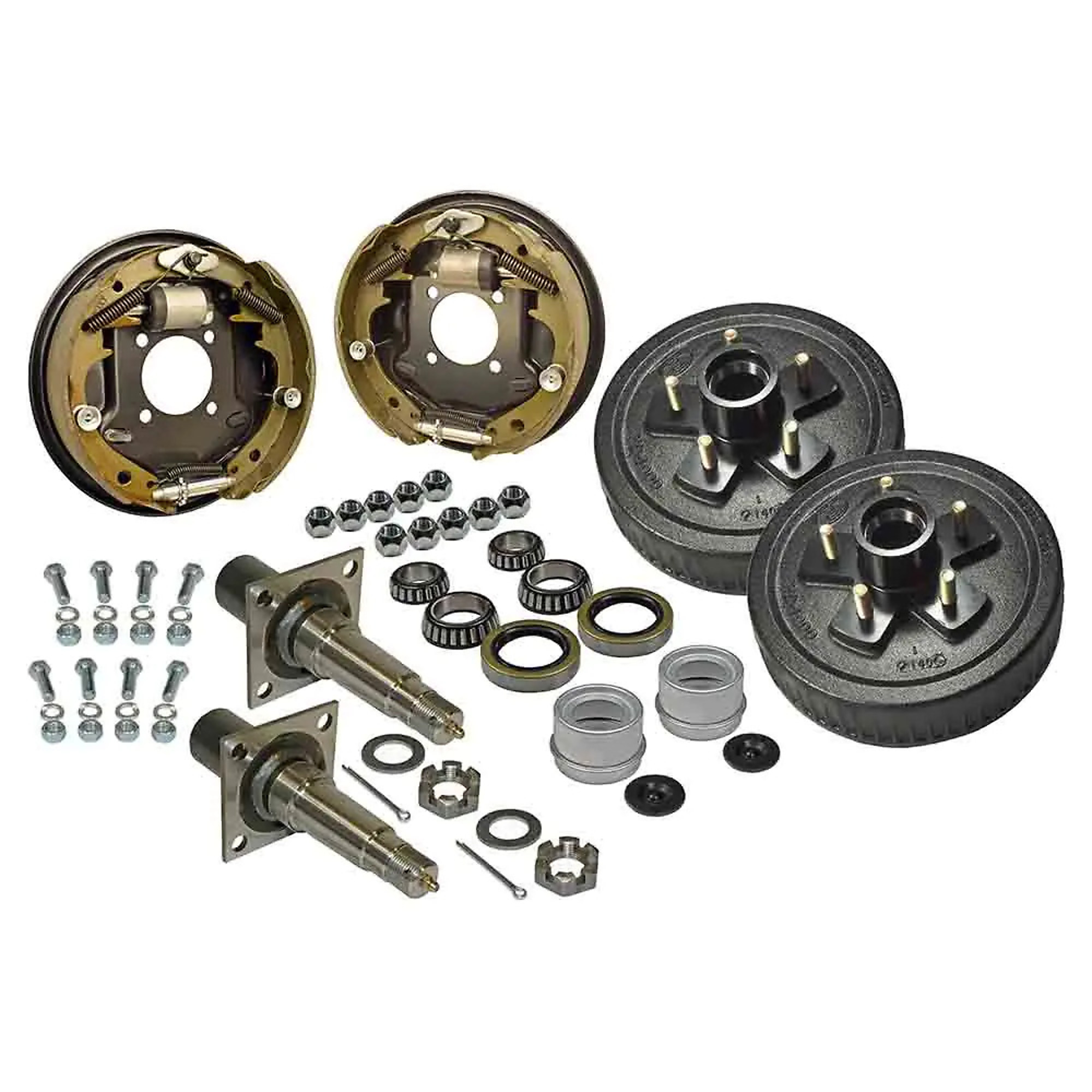 Rigid Hitch, Pair of 5-Bolt on 4.5 Inch Hydraulic Hub-Drum Assembly, 10 inch Drums and Hydraulic Brakes, Flanged 1-3/8 inch to 1-1/16 inch Tapered Spindles, Bearings/Seals/Caps Included, Model# AKRD-3500545F-HD-H